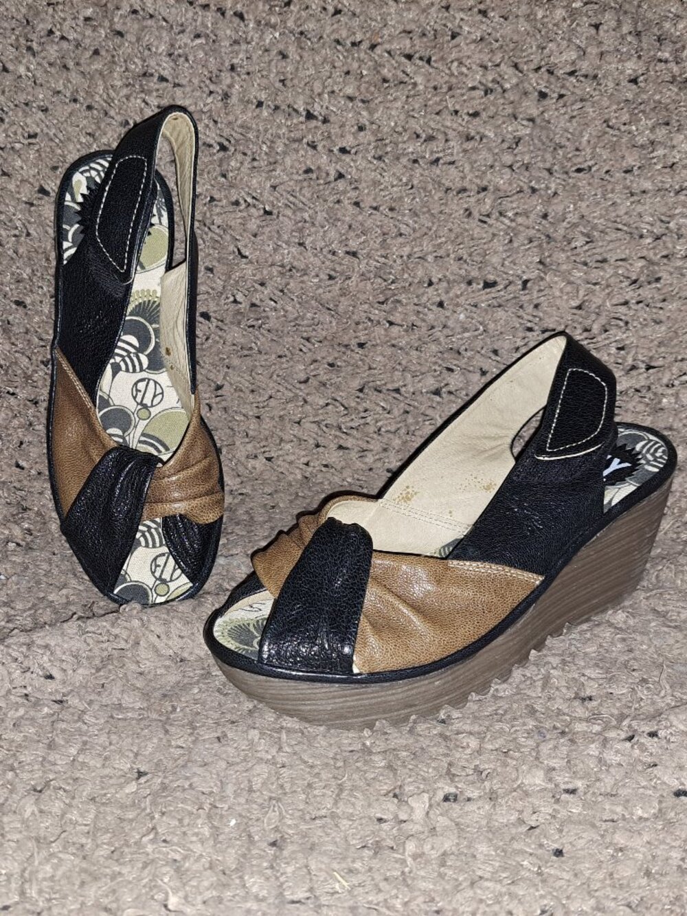 FLY LONDON-Yakin-Brown/Black Twist Leather Slingback Wedge-Sz 37-Excellent
